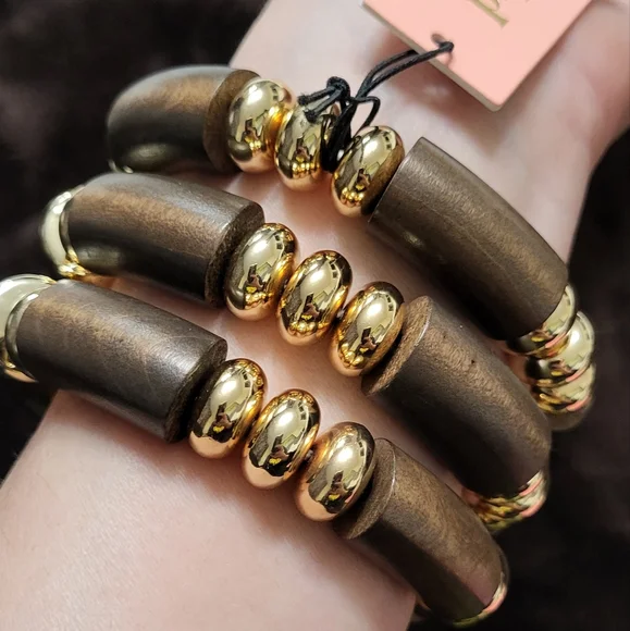 Piper K Set Of 3 Gold and Brown Statement Bracelet with Spherical Embellishments - Picture 6 of 13